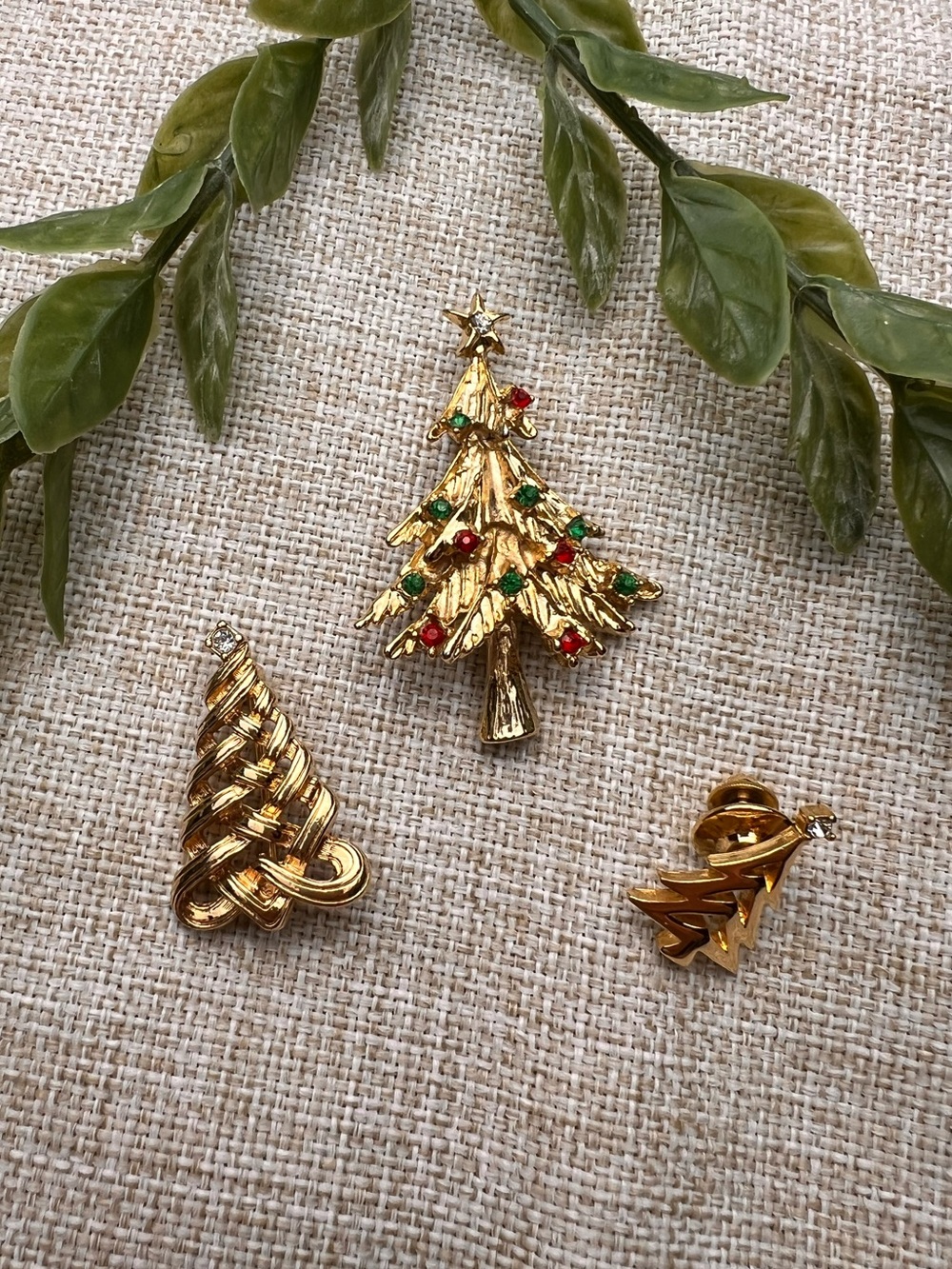 VINTAGE Gold Whimsy Festive Christmas Tree Pin Bundle with Crystals